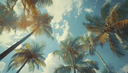 Palm trees, sky, and clouds. Low-angle view looking up at numerous tall palm trees against a vibrant blue sky dotted with fluffy white clouds.