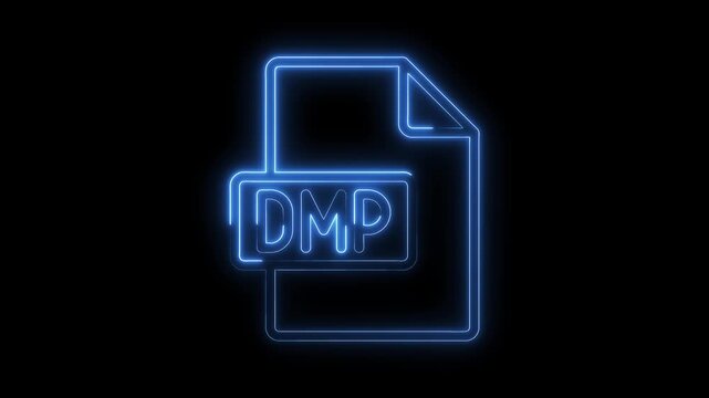 Blue neon glowing D M P file icon isolated on black background futuristic digital data document symbol