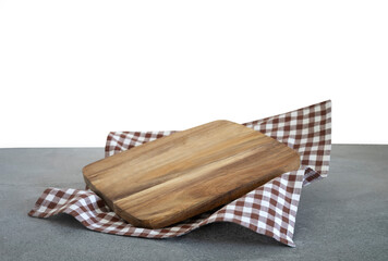 Wooden empty cutting board decorated with picnic tablecloth , food advertisement display, showcase....