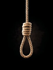 A close-up view of a hanging noose made from thick rope