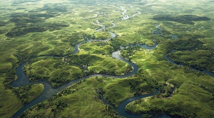 Aerial view of a lush green landscape with a meandering river system