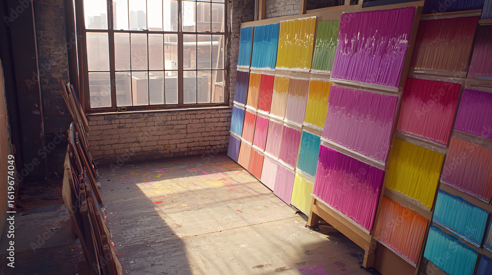 Aufkleber a vibrant room filled with an array of colorful boxes creating a playful and energetic atmosphere
