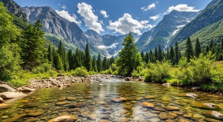 Obraz premium Mountain stream flows through forest under blue sky & clouds