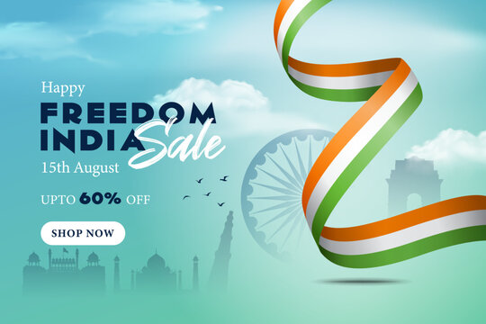 freedom india sale banner 15th august happy independence day promotional banner design with tricolor ribbons and natural blue sky background