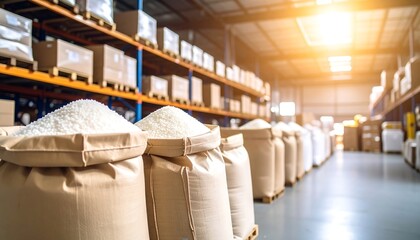 Warehouse interior, filled with large sacks of rice