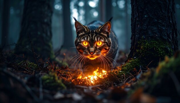 Mysterious cat in forest firelight