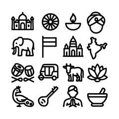 Minimalist Outline Style India Culture Element Landmark and Animal Icon Set
