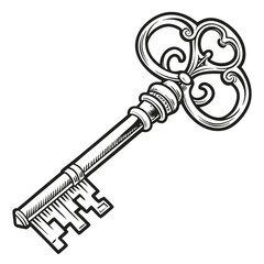Vintage ornate skeleton key with intricate swirling bow and detailed bit in black and white drawing