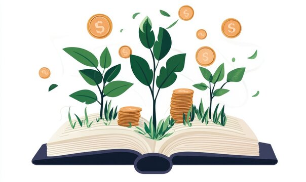 Open book with sprouting plants and coins, symbolizing financial growth
