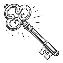 Vintage ornate key with glowing aura and intricate scrollwork design on white background