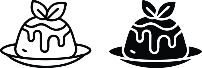 Pudding Icon Set – Vector Dessert with Sauce and Leaf Garnish on Plate in Black and White