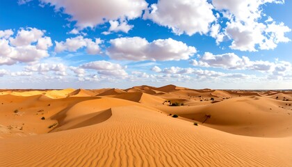 Vast expanse of sand dunes under a vibrant sky