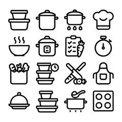 Simple Outline Cooking and Kitchenware Equipment Icon Set with Black Line Design
