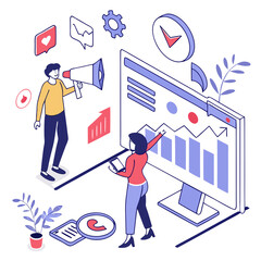 Two people analyze business growth data on a large screen with marketing and analytics icons