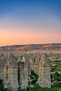 Cappadocia fairy chimneys at sunset in Rocket Valley, Turkey