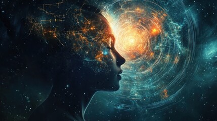 Woman's profile merging with cosmic nebula; swirling galaxies and vibrant energy.