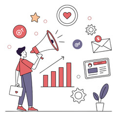 Man with megaphone promoting business growth and marketing strategy with icons