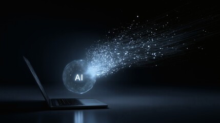 Clean, simple streams of light particles flow from an open laptop screen into a central glowing sphere. Inside the transparent sphere, the letters 'AI' are visible and sharp.