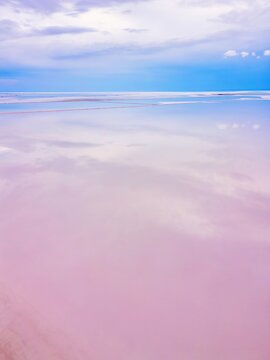 Drone capturing aerial view of pink Tuz Lake in Turkey