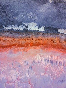 Aerial view of colorful abstract pattern of Tuz Salt Lake in Turkey