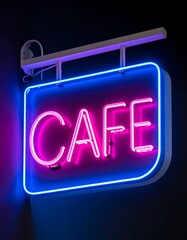 A neon sign displaying "CAFE" in pink lettering with a blue border hangs against a dark background