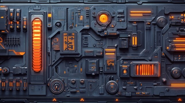 Futuristic technology panel with glowing orange elements.
