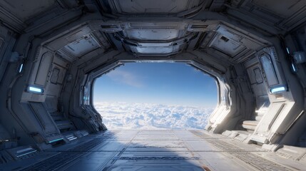 Interior View of Futuristic Spaceship with Cloudy Exterior