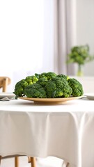 Fresh broccoli in a wooden bowl on a table