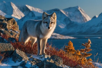 Fototapeta premium Wild Fox Stands on Rocky Terrain in Winter Setting