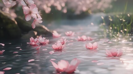 Pink lotus blossoms and vibrant water lilies bloom beautifully in a serene pond, their delicate petals reflected in the tranquil water