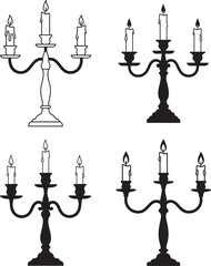 Four vintage candelabra with lit candles in silhouette