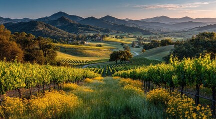Rolling vineyard hills at sunset, vibrant greens and yellows