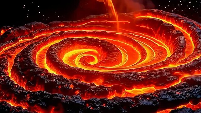 With great intensity, the lava burst explosion swirl contour twists and turns in a rhythmic pattern, creating a visual spectacle that glows brilliantly against the isolated black background,