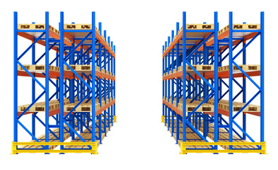 Double row of pallet racking system isolated on transparent background - 3d PNG illustration