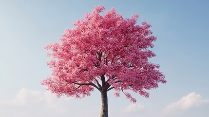 A stunning pink cherry tree in full bloom stands against a clear blue winter sky, its delicate blossoms touched with frost