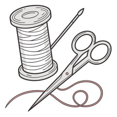 A simple illustration of a spool of thread a sewing needle and scissors with thread