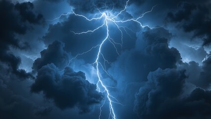 Epic lightning bolt illuminating dramatic storm clouds in dark night sky with intense electric blue energy and moody atmospheric weather background scene