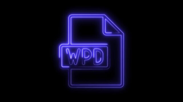 Glowing neon W P D file icon on black background futuristic digital document symbol bright blue light