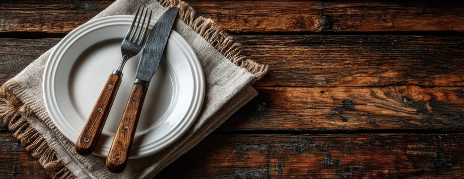 Rustic wooden table setting with white plate, fork, and knife