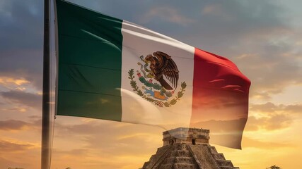 Mexican flag waving near the Mayan pyramid of Chichen Itza under a sunset sky.