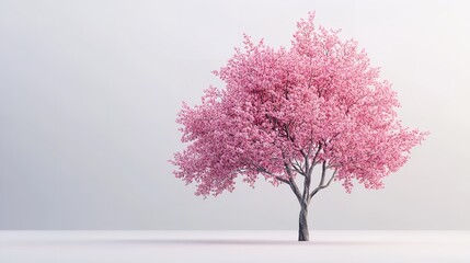 A pink blossom tree with blooming flowers on a branch is isolated against a white background, capturing the beauty of a spring season plant