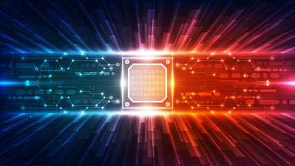 Futuristic Processor Chip with Dual-Side Digital Circuit Design in Blue and Red