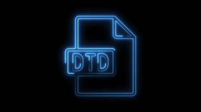 Glowing blue neon D T D file icon with rounded corners isolated on black background futuristic digital