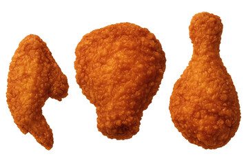 Three pieces of assorted fried chicken (wing, thigh, drumstick) arranged neatly side-by-side