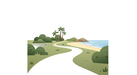 Cartoon Beach Scene Green Grass Palm Trees Blue Sea