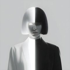Female figure bob haircut, body cut in half vertically down the middle, left half black void with glowing eyes, right half pure white light, perfect center division line