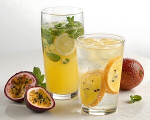 Fototapeta premium Tall clear glasses with slices of lemon, kiwi, and passion fruit