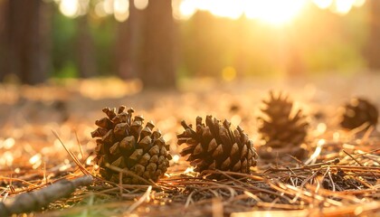 Pine cones on forest floor at sunset (2)