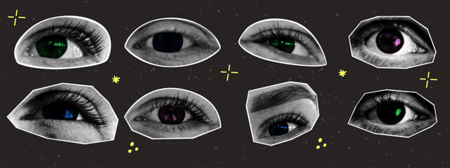 Trendy halftone collage eyes with doodle elements. Y2K style. Modern vector illustration.