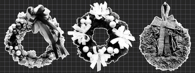 Halftone vintage christmas wreath collage. Merry Christmas and Happy New Year. Set of vectors cut out holiday elements.